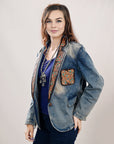ADBZ041 Genuine leather Hand tooled hand carved Women 100% cotton Denim Blazer dress jacket ladies Girl