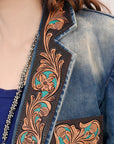 ADBZ041 Genuine leather Hand tooled hand carved Women 100% cotton Denim Blazer dress jacket ladies Girl