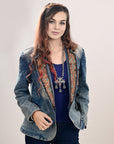 ADBZ041 Genuine leather Hand tooled hand carved Women 100% cotton Denim Blazer dress jacket ladies Girl