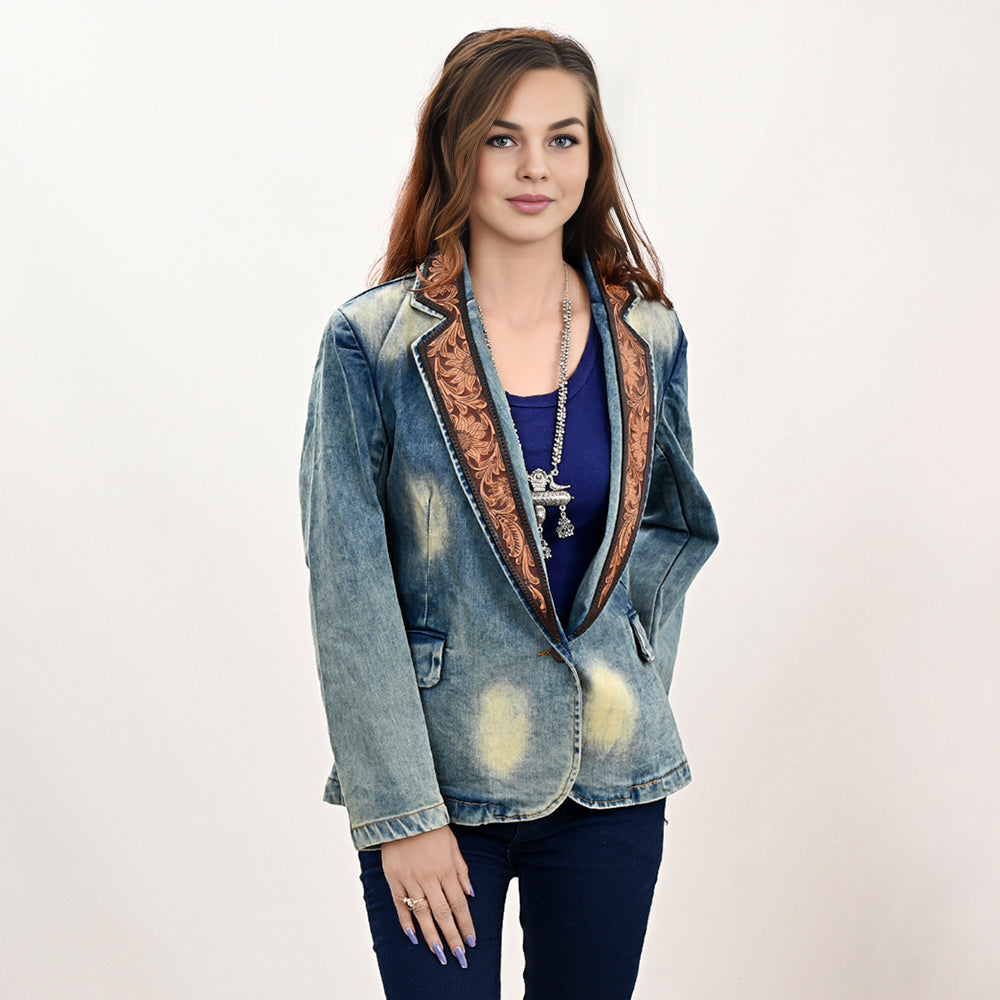 ADBZ042 Genuine leather Hand tooled hand carved Women 100% cotton Denim Blazer dress jacket ladies Girl
