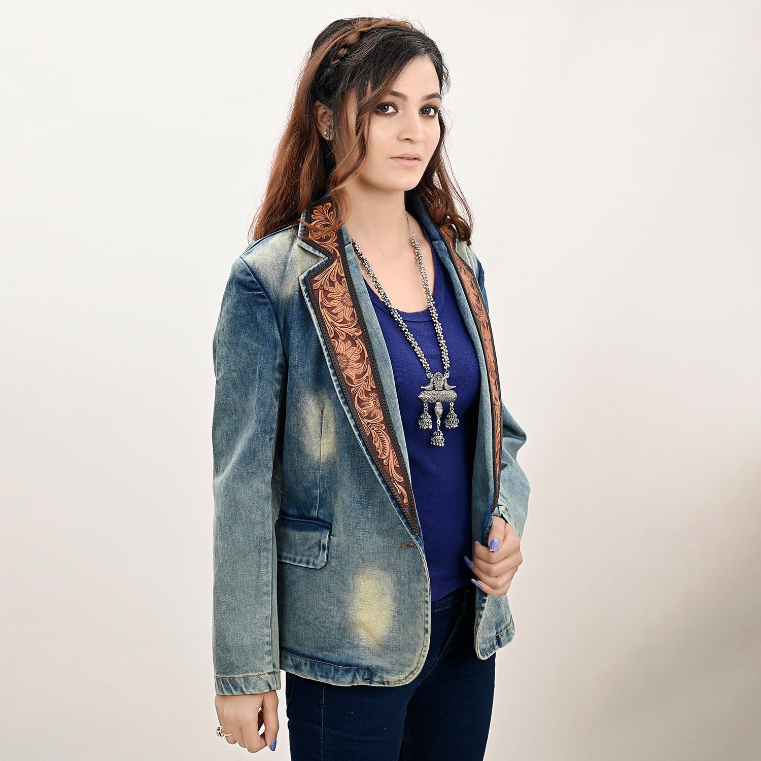 ADBZ042 Genuine leather Hand tooled hand carved Women 100% cotton Denim Blazer dress jacket ladies Girl