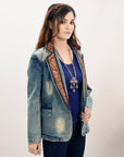 ADBZ042 Genuine leather Hand tooled hand carved Women 100% cotton Denim Blazer dress jacket ladies Girl