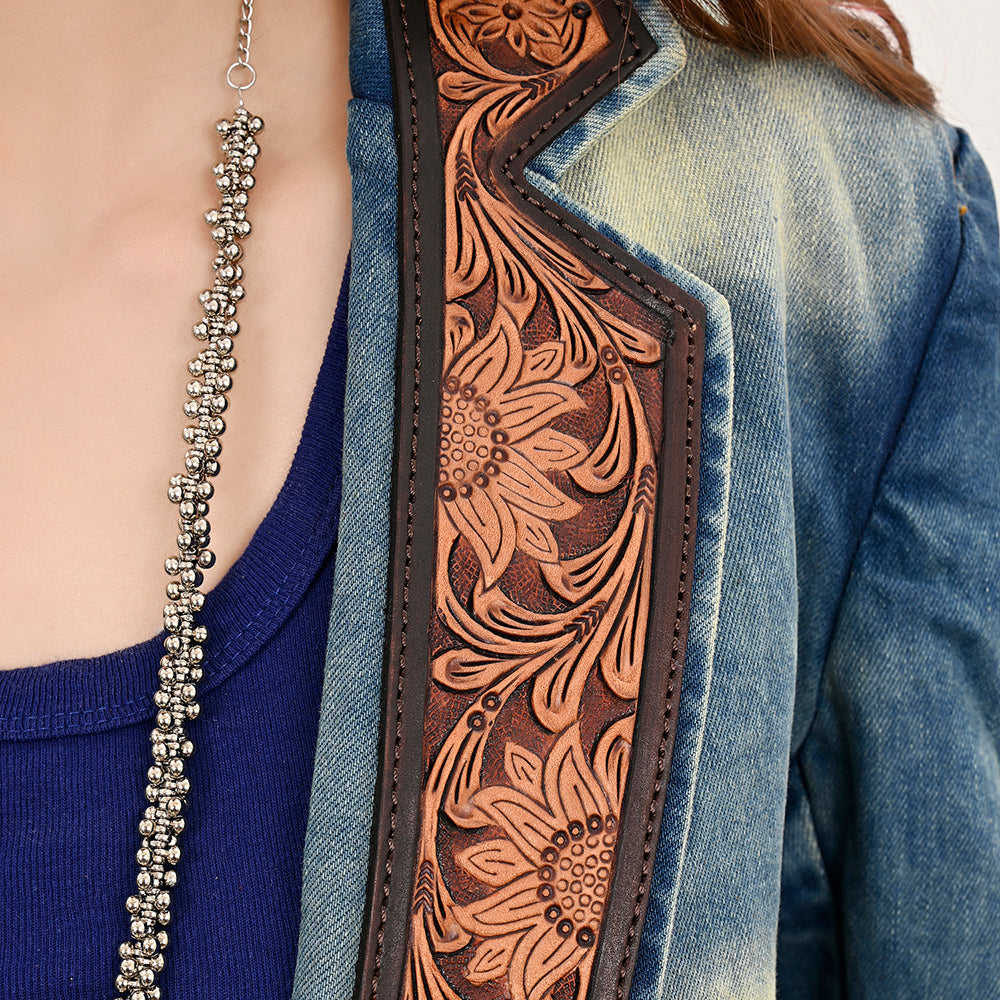 ADBZ042 Genuine leather Hand tooled hand carved Women 100% cotton Denim Blazer dress jacket ladies Girl
