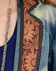 ADBZ042 Genuine leather Hand tooled hand carved Women 100% cotton Denim Blazer dress jacket ladies Girl