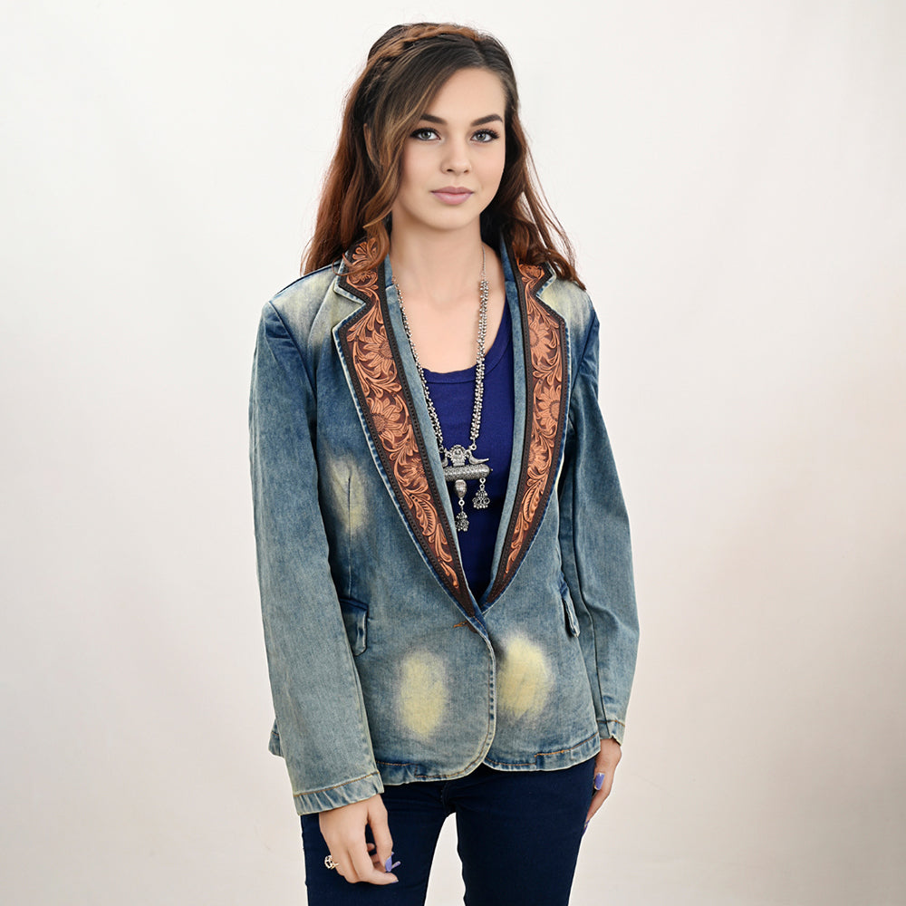 ADBZ042 Genuine leather Hand tooled hand carved Women 100% cotton Denim Blazer dress jacket ladies Girl