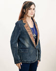 ADBZ043 Genuine leather Hand tooled hand carved Women 100% cotton Denim Blazer dress jacket ladies Girl