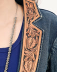 ADBZ043 Genuine leather Hand tooled hand carved Women 100% cotton Denim Blazer dress jacket ladies Girl