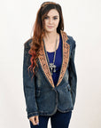 ADBZ043 Genuine leather Hand tooled hand carved Women 100% cotton Denim Blazer dress jacket ladies Girl