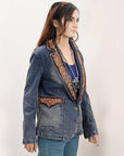 ADBZ045 Genuine leather Hand tooled hand carved Women 100% cotton Denim Blazer dress jacket ladies Girl