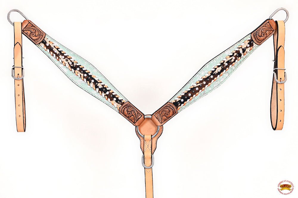 HILASON Western Horse Headstall &amp; Breast Collar American Leather Floral Carving