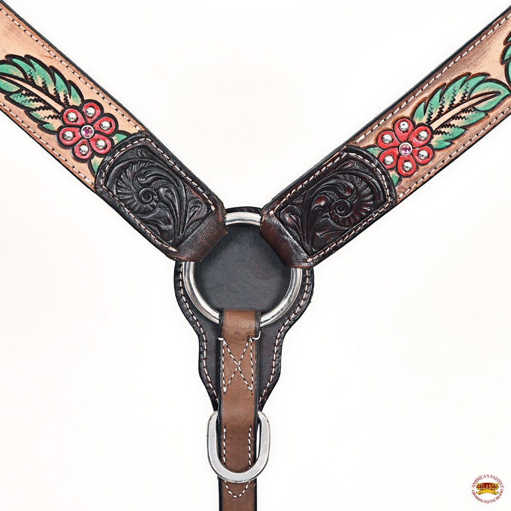 HILASON Western Horse Headstall &amp; Breast Collar American Leather Floral Carving