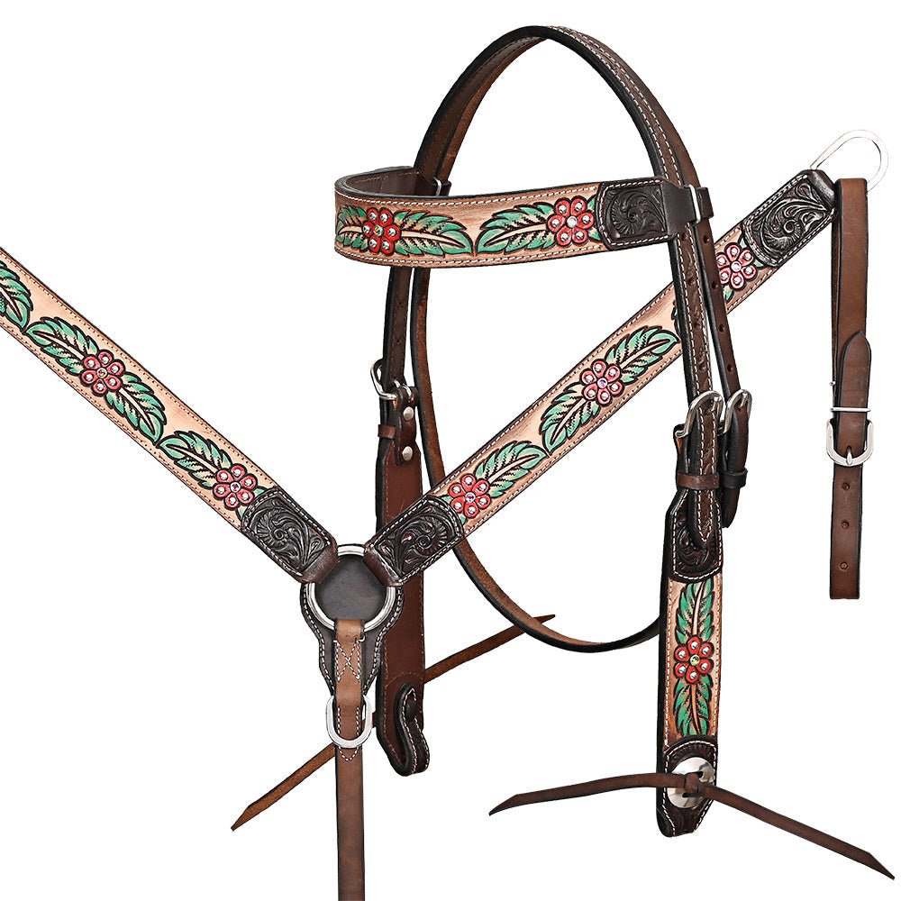 HILASON Western Horse Headstall &amp; Breast Collar American Leather Floral Carving