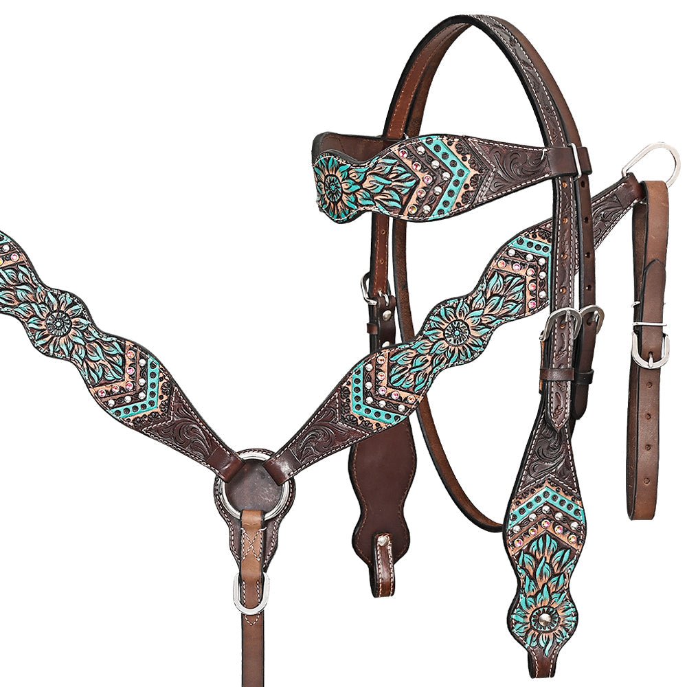 Hand-Carved Leather Western Headstall And Breast Collar Set For Training And Showing