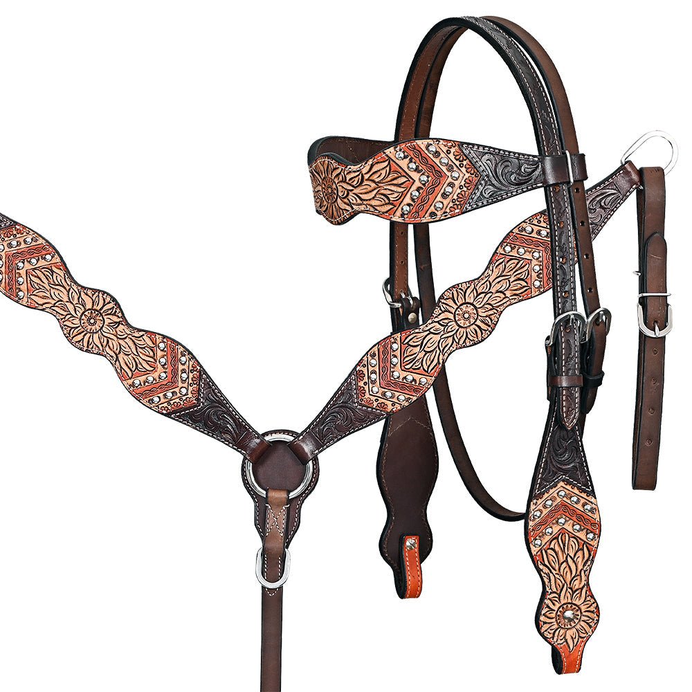 Hand-Carved Leather Western Headstall And Breast Collar Set For Training And Showing