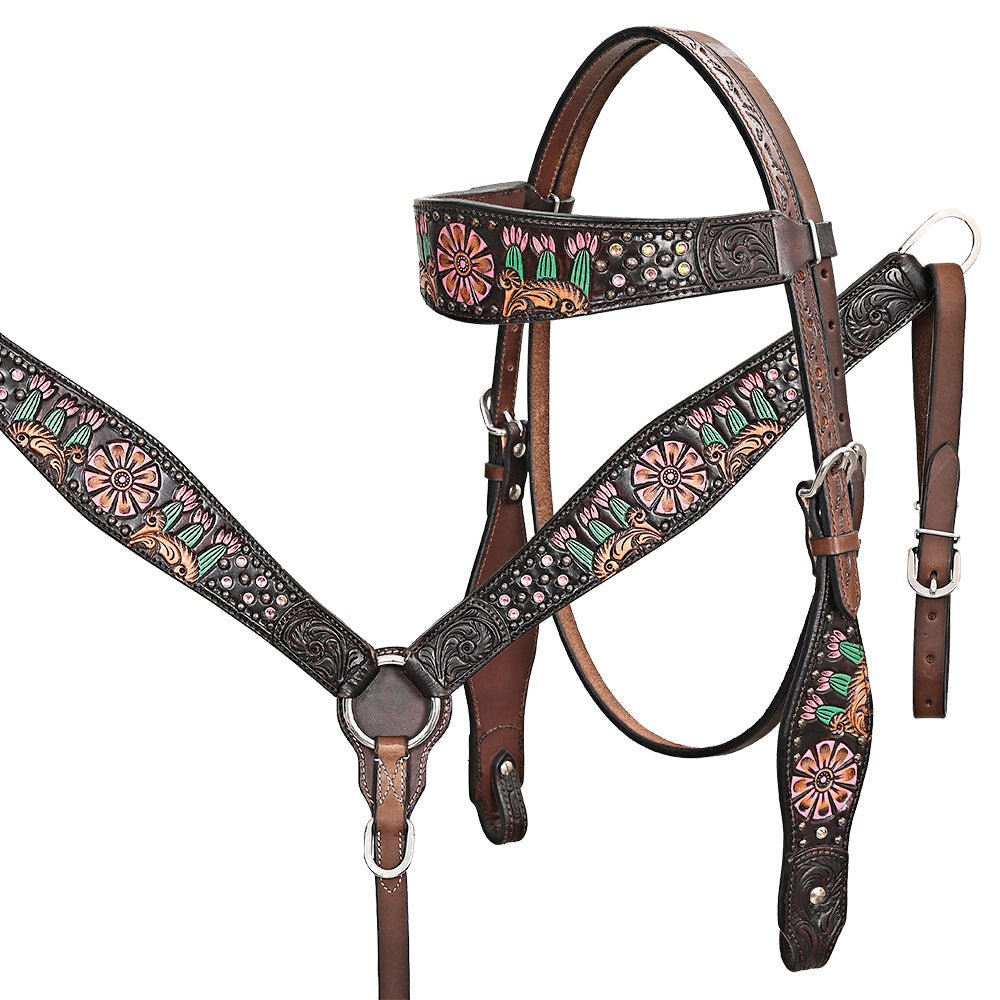Hand-Carved Leather Western Headstall And Breast Collar Set For Training And Showing