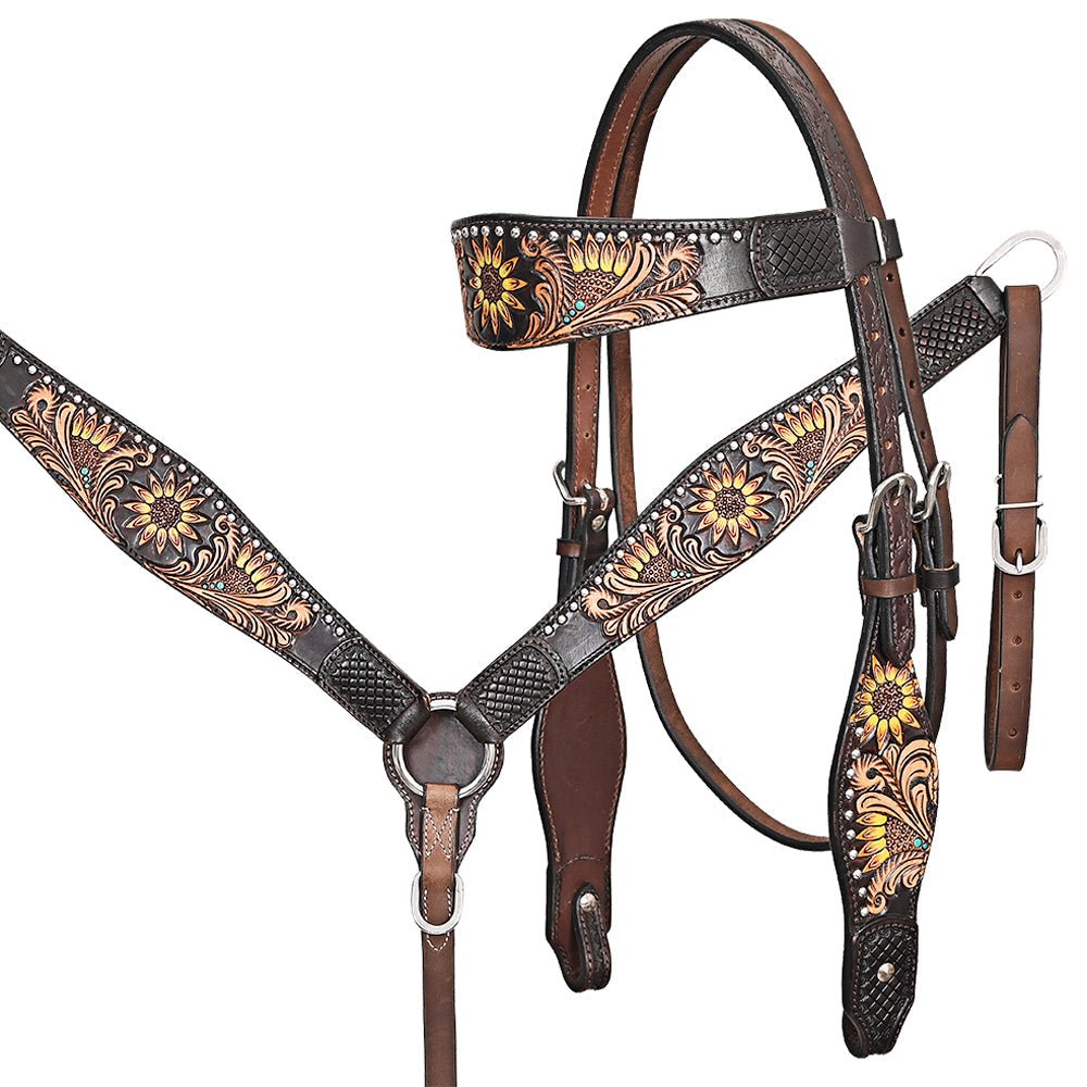 Hand-Carved Leather Western Headstall And Breast Collar Set For Training And Showing