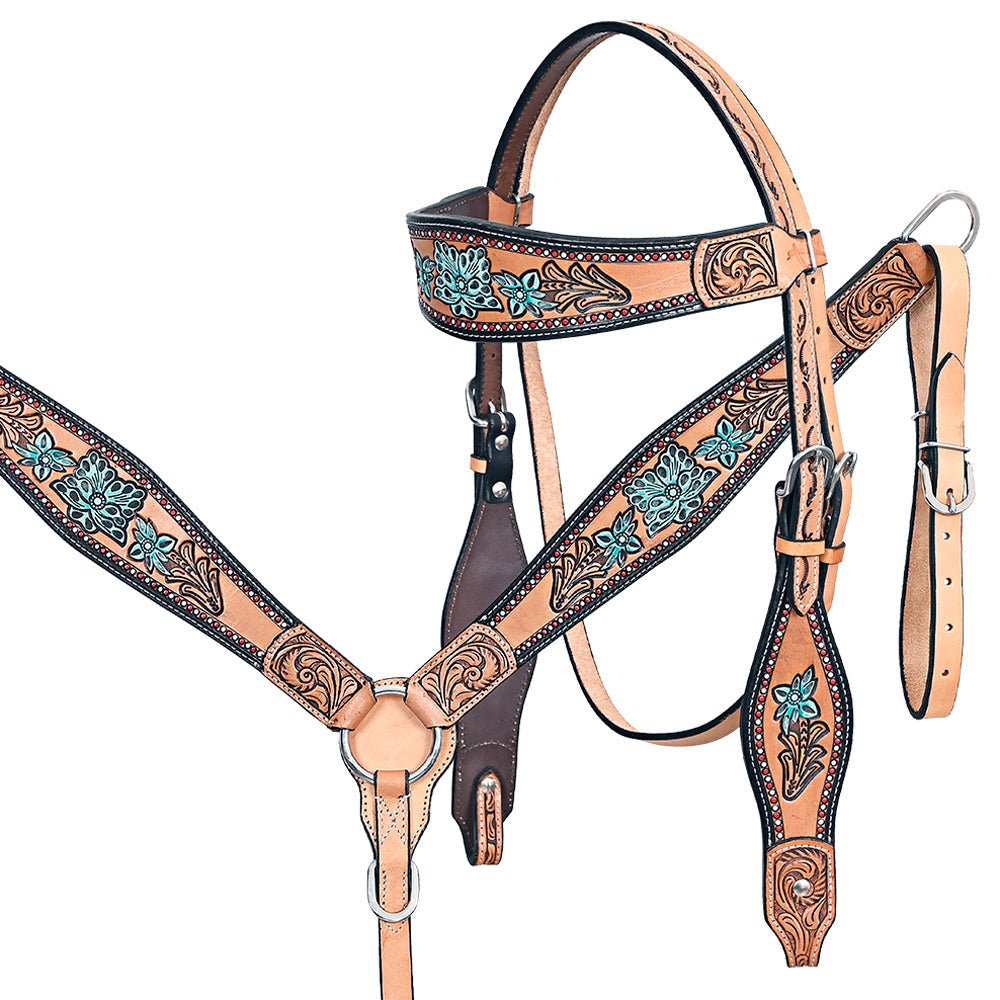 HILASON Western Horse Headstall &amp; Breast Collar American Leather Floral Carving