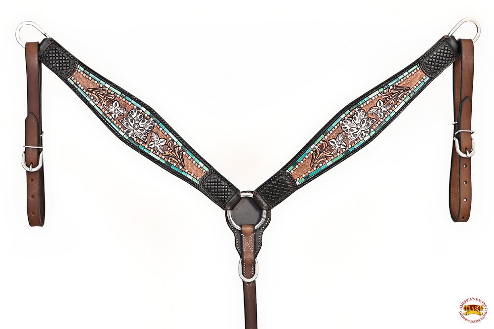 HILASON Western Horse Headstall &amp; Breast Collar American Leather Floral Carving