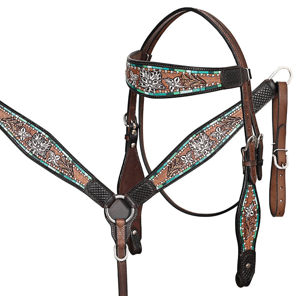 HILASON Western Horse Headstall &amp; Breast Collar American Leather Floral Carving