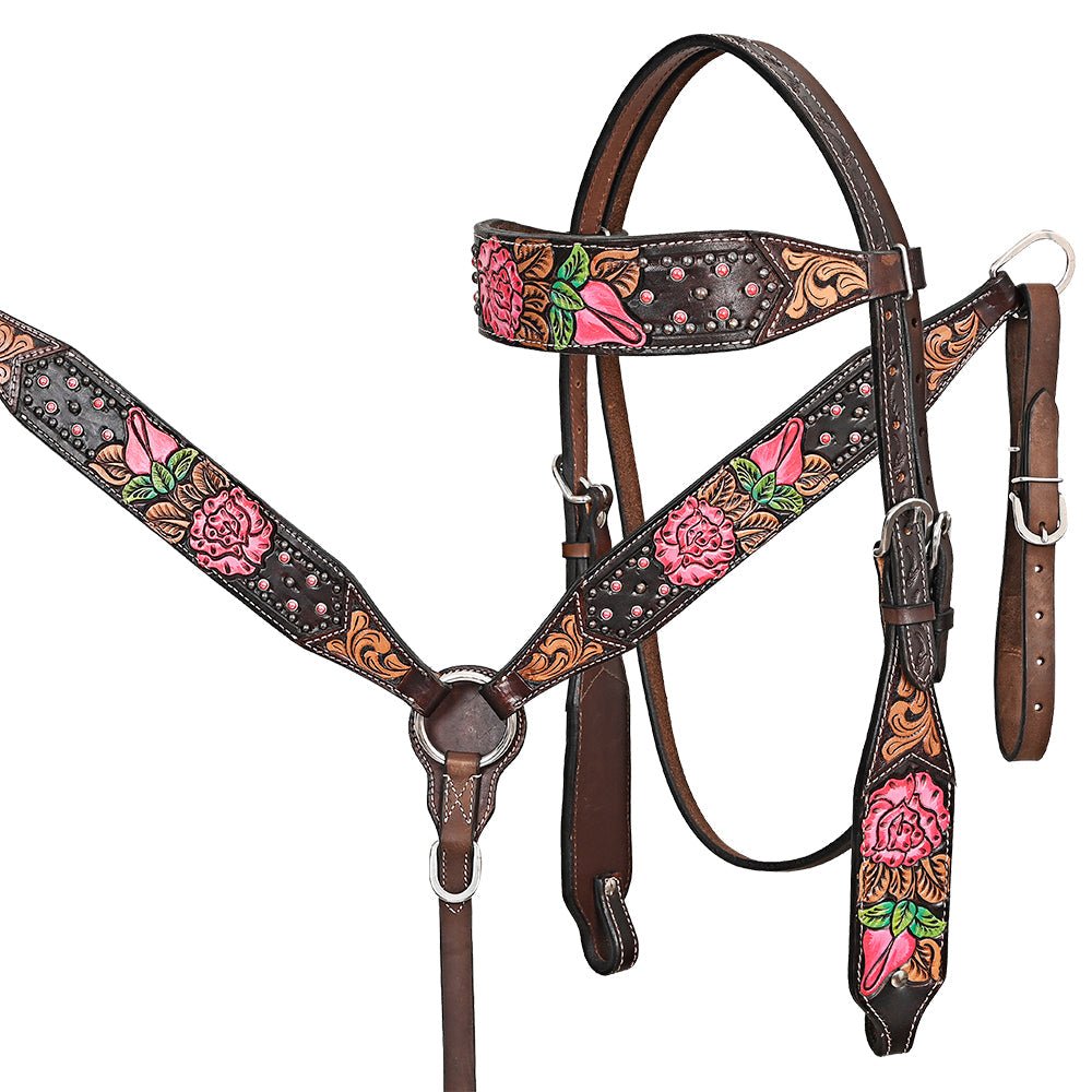 Hand-Carved Leather Western Headstall And Breast Collar Set For Training And Showing