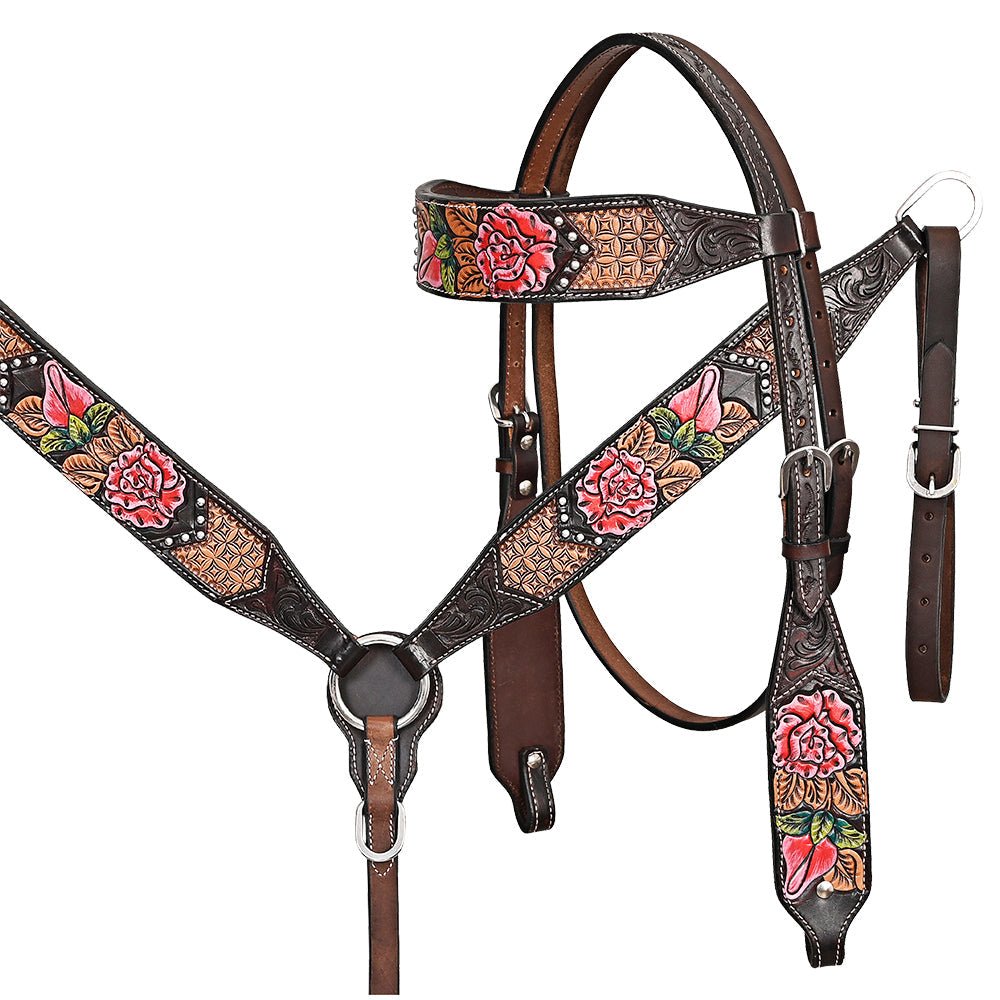 Hand-Carved Leather Western Headstall And Breast Collar Set For Training And Showing