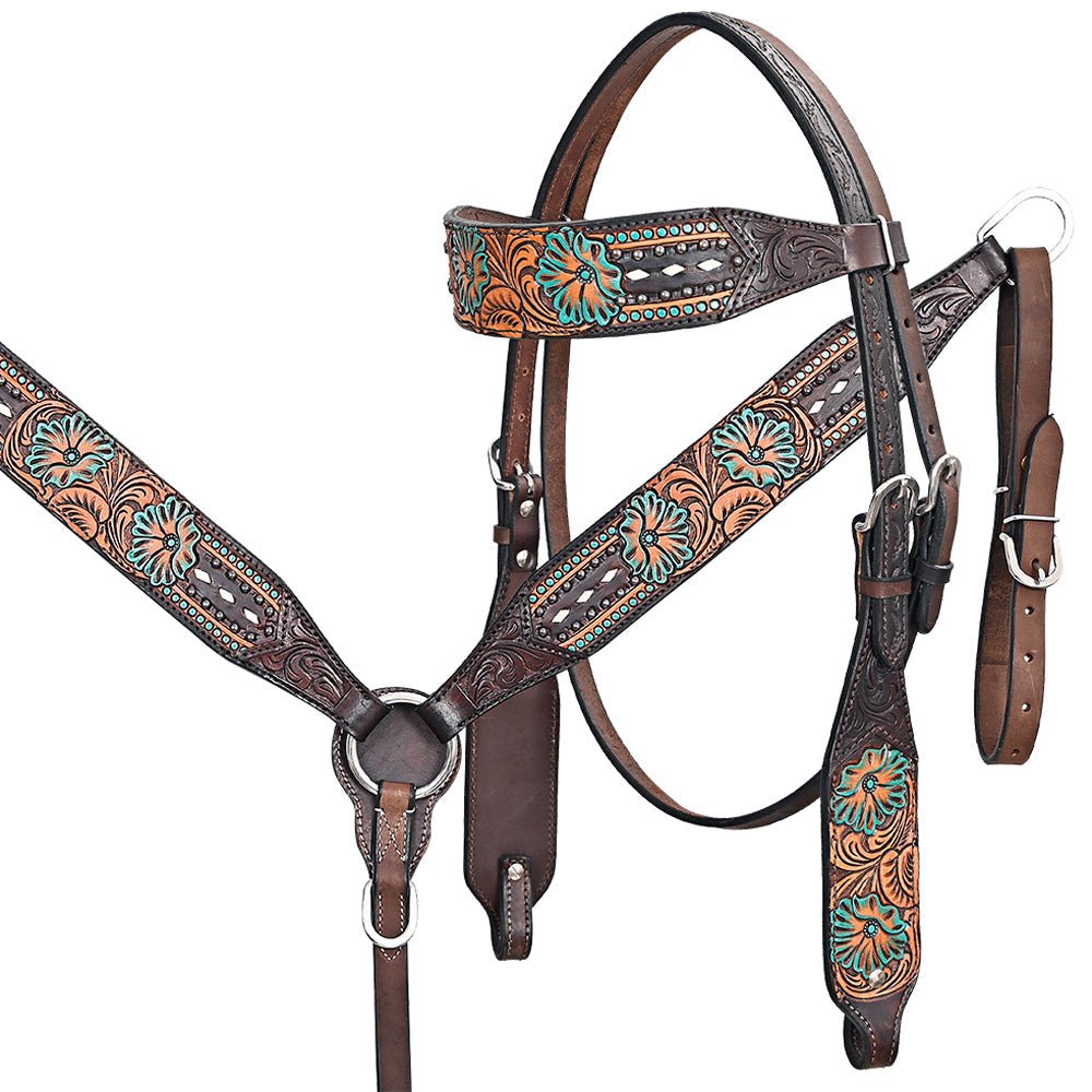 Hand-Carved Leather Western Headstall And Breast Collar Set For Training And Showing
