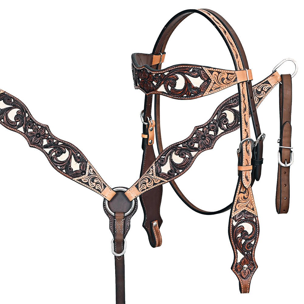 Hand-Carved Leather Western Headstall And Breast Collar Set For Training And Showing