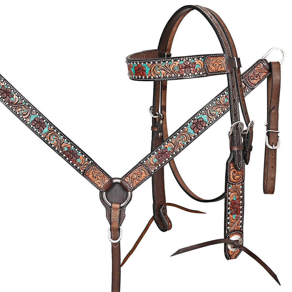 Hand-Carved Leather Western Headstall And Breast Collar Set For Training And Showing
