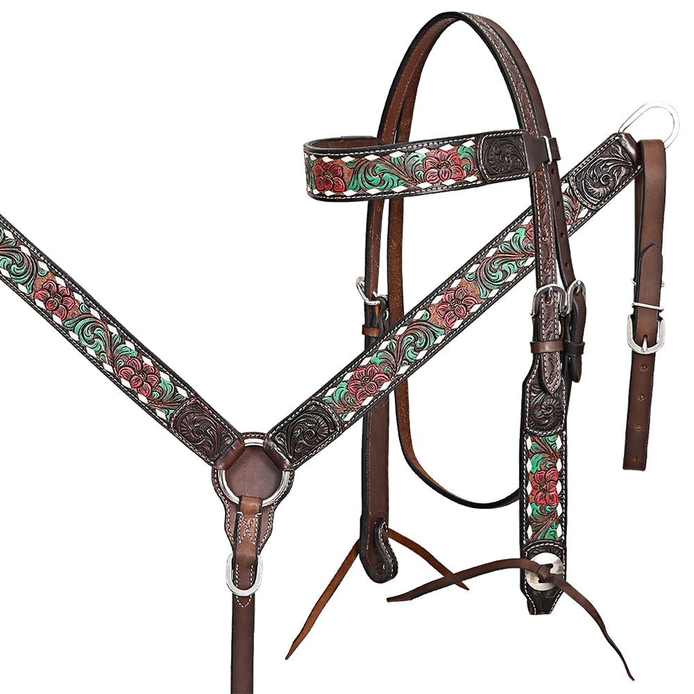 Hand-Carved Leather Western Headstall And Breast Collar Set For Training And Showing