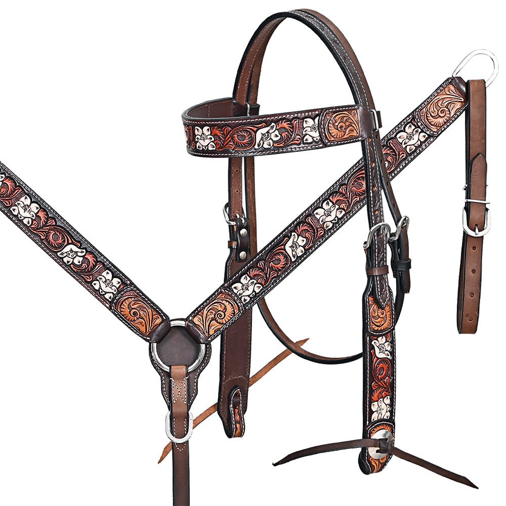 Hand-Carved Leather Western Headstall And Breast Collar Set For Training And Showing