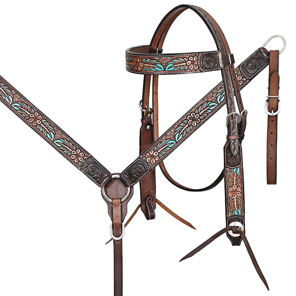 Hand-Carved Leather Western Headstall And Breast Collar Set For Training And Showing
