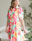 Floral Puff Sleeve Buttoned Collar Babydoll Dress