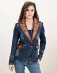 ADBZ046 Genuine leather Hand tooled hand carved Women 100% cotton Denim Blazer dress jacket ladies Girl