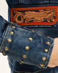 ADBZ046 Genuine leather Hand tooled hand carved Women 100% cotton Denim Blazer dress jacket ladies Girl