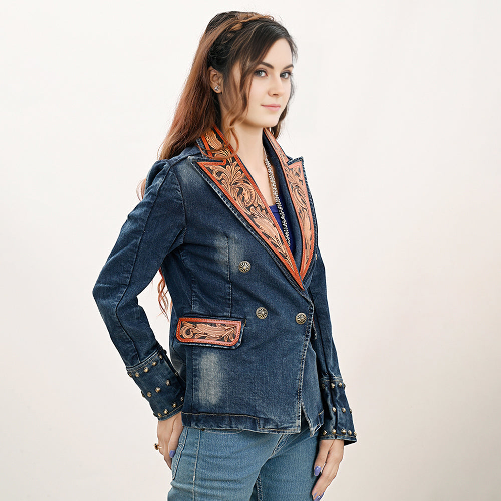 ADBZ046 Genuine leather Hand tooled hand carved Women 100% cotton Denim Blazer dress jacket ladies Girl