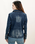 ADBZ046 Genuine leather Hand tooled hand carved Women 100% cotton Denim Blazer dress jacket ladies Girl