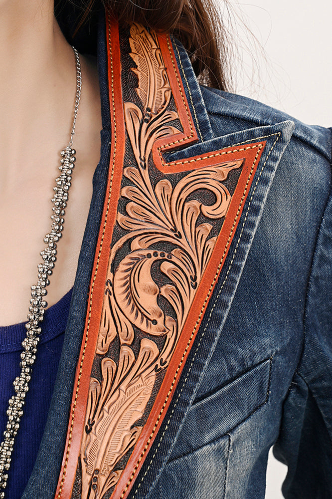 ADBZ046 Genuine leather Hand tooled hand carved Women 100% cotton Denim Blazer dress jacket ladies Girl