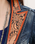 ADBZ046 Genuine leather Hand tooled hand carved Women 100% cotton Denim Blazer dress jacket ladies Girl