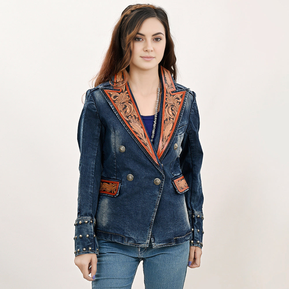 ADBZ046 Genuine leather Hand tooled hand carved Women 100% cotton Denim Blazer dress jacket ladies Girl