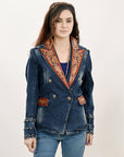 ADBZ046 Genuine leather Hand tooled hand carved Women 100% cotton Denim Blazer dress jacket ladies Girl