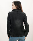ADBZ048 Genuine leather Hand tooled hand carved Women 100% cotton Denim Blazer dress jacket ladies Girl
