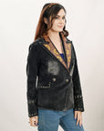 ADBZ049 Genuine leather Hand tooled hand carved Women 100% cotton Denim Blazer dress jacket ladies Girl