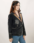 ADBZ049 Genuine leather Hand tooled hand carved Women 100% cotton Denim Blazer dress jacket ladies Girl