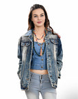 ADJKT030 Genuine leather Hand tooled hand carved Women 100% cotton Denim jacket  dress ladies girl