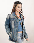 ADJKT030 Genuine leather Hand tooled hand carved Women 100% cotton Denim jacket  dress ladies girl