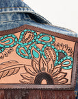 ADJKT030 Genuine leather Hand tooled hand carved Women 100% cotton Denim jacket  dress ladies girl