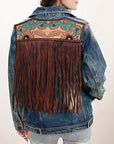 ADJKT030 Genuine leather Hand tooled hand carved Women 100% cotton Denim jacket  dress ladies girl