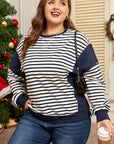 Blue Stripe Contrast Stitched Detail Color Block Patchwork Plus Size Sweatshirt