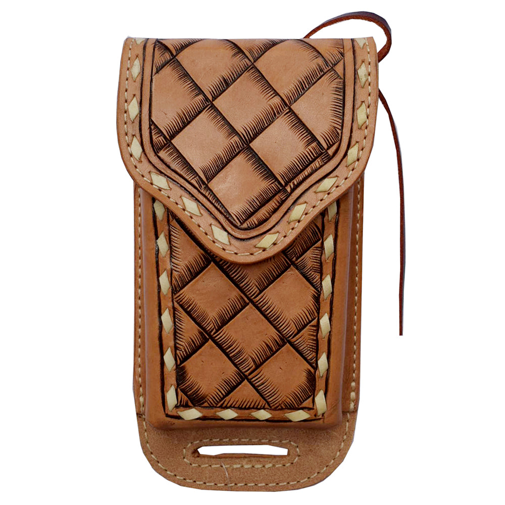 Hilason Western Horse Basket weave Floral Genuine Leather Cell Phone Case Tan