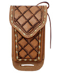 Hilason Western Horse Basket weave Floral Genuine Leather Cell Phone Case Tan